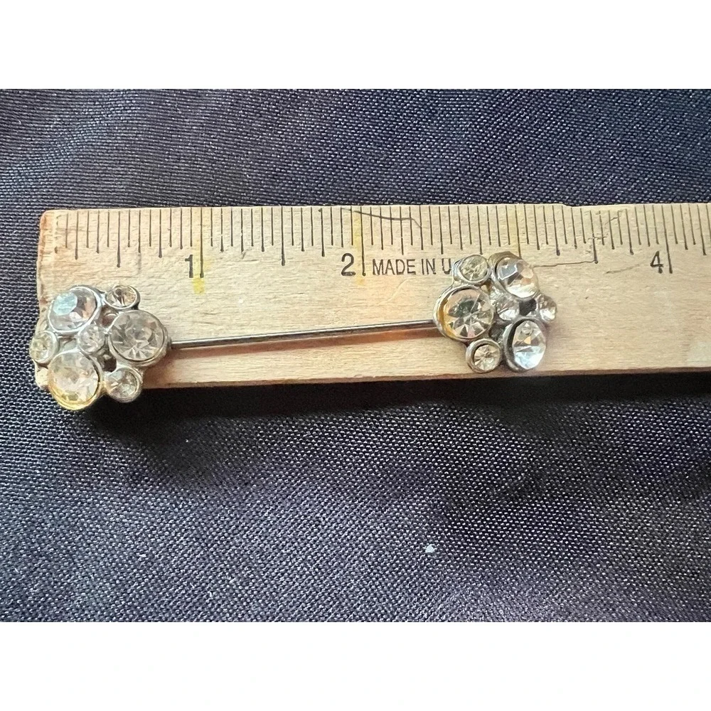 Vintage Rhinestone Collar Pin Silver Tone Double Floral Ends Bar Brooch 2.25